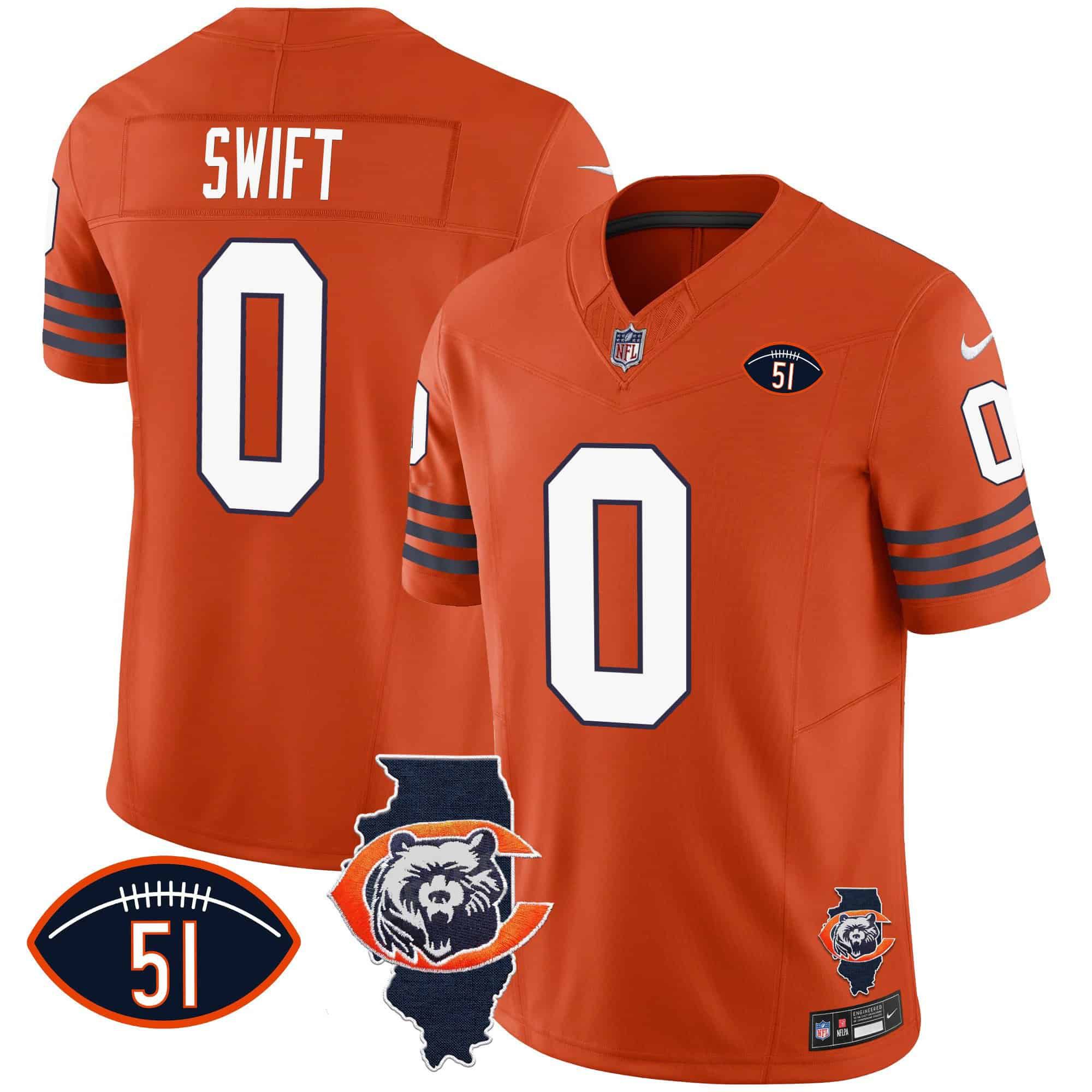 Men Chicago Bears #0 Swift Orange 2024 Nike Throwback Illinois Patch Vapor NFL Jersey